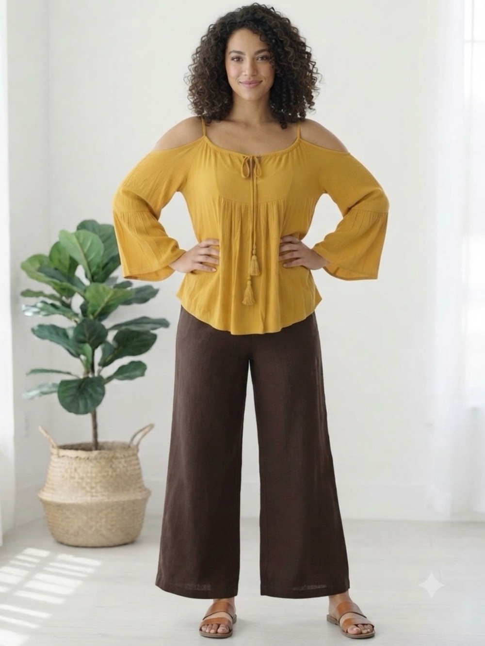 Andthewhy Boho Cold-Shoulder Mustard Top with Tassel Tie